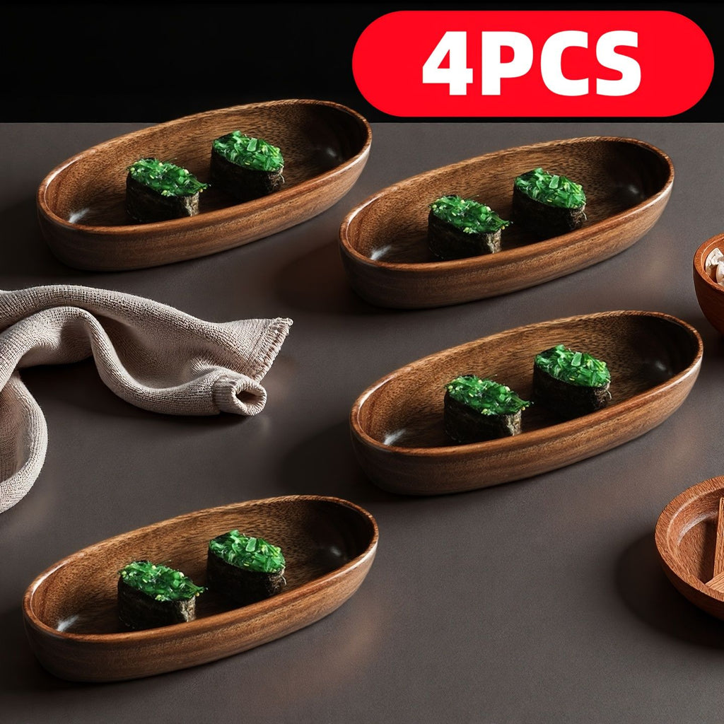 Four Japanese-Style Sushi Platters | Stylish Boat-Shaped Table Decor, Durable And Easy-To-Clean Wooden Condiment Dish, Handcrafted, Idealfor Kitchen Use, Perfect for Serving Fruits, Nuts, And Dessert