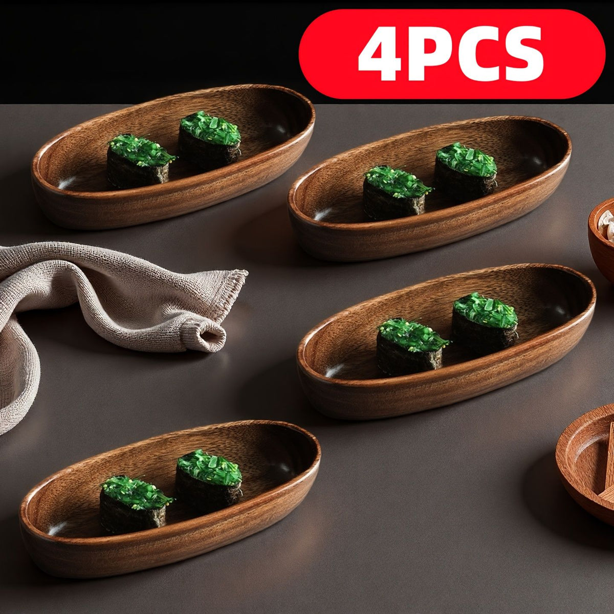 Four Japanese-Style Sushi Platters | Stylish Boat-Shaped Table Decor, Durable And Easy-To-Clean Wooden Condiment Dish, Handcrafted, Idealfor Kitchen Use, Perfect for Serving Fruits, Nuts, And Dessert
