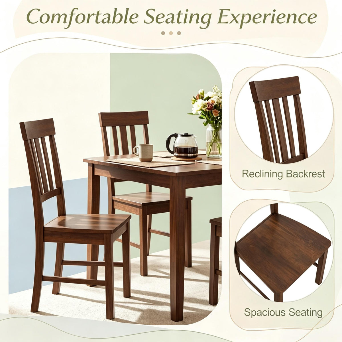 Set of 2 Rubber Wood Dining Chairs with High Slat Backrests for Kitchen Table Modern Simple Style Wood Dining Chairs
