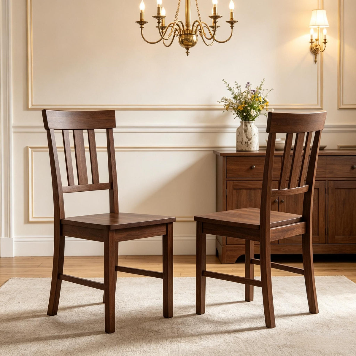 Set of 2 Rubber Wood Dining Chairs with High Slat Backrests for Kitchen Table Modern Simple Style Wood Dining Chairs