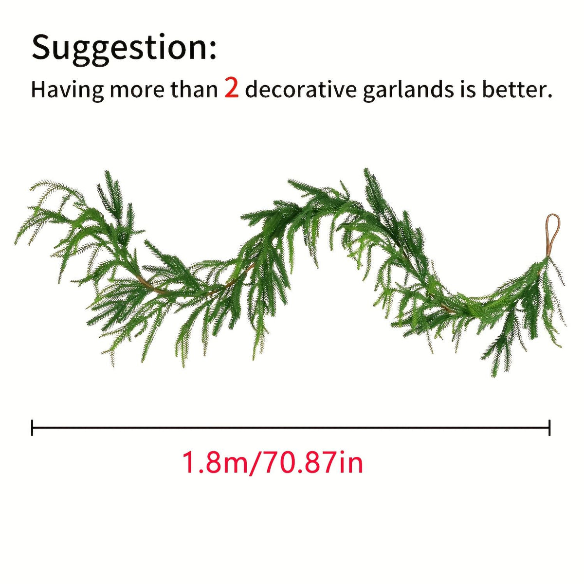 1pc 70.9-Inch Green Artificial Pine Garland real Touch Pine Garland  Artificial Faux Greenery Suitable for Christmas & Winter Holiday Decorations Easy to Install