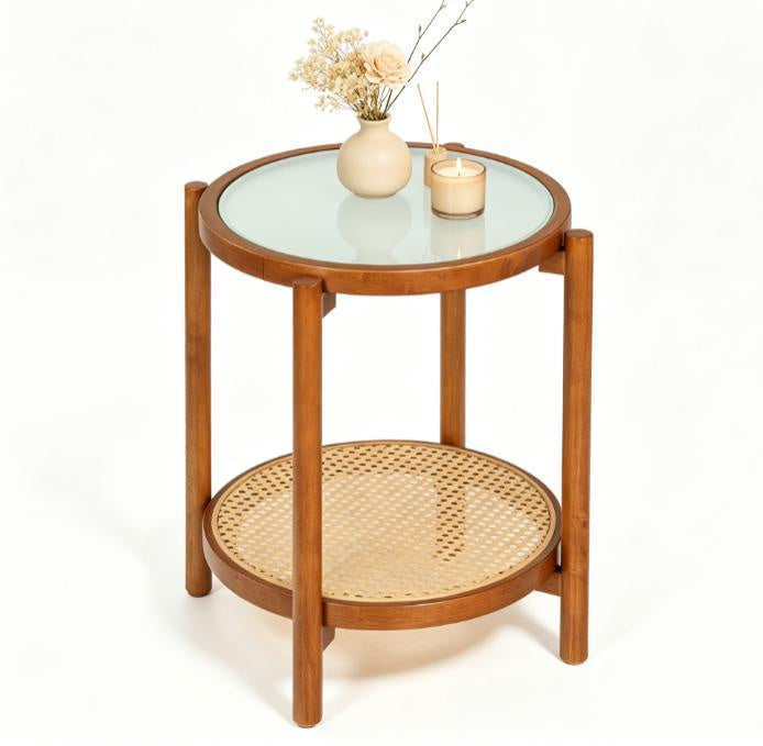 round Side Table 2-Tier Tempered Glass Top End Table for Living Room Decorative Coffee Table