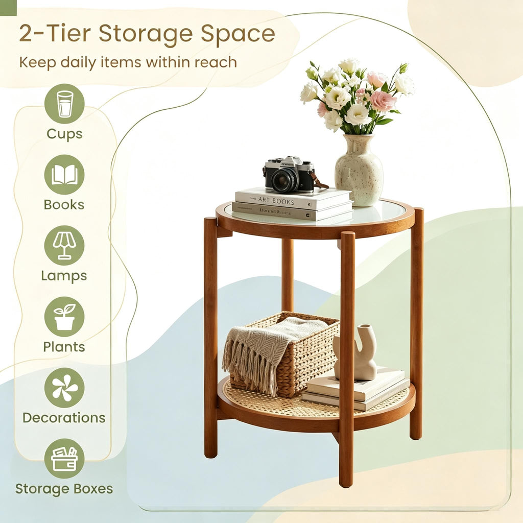 round Side Table 2-Tier Tempered Glass Top End Table for Living Room Decorative Coffee Table