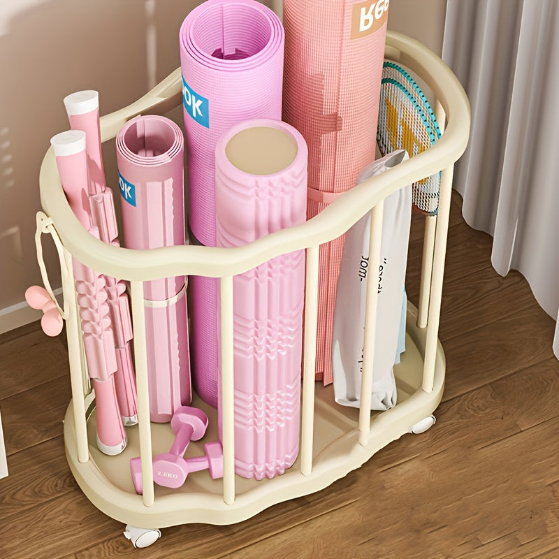 [Yoga Mat Storage Basket] 1pc Rolling Sports Equipment Storage Rack, Large Capacity Organizer Bin with Wheels for Yoga Mats, Balls, Rackets - Mobile Gym Gear Holder for Home Or Garage