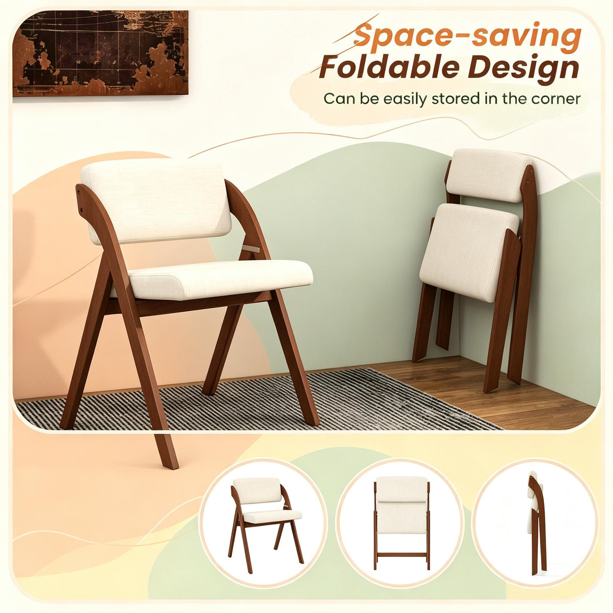 Set of 4 Folding Kitchen Dining Chairs Rubber Wood Legs Home Furniture for Living Room Bedroom