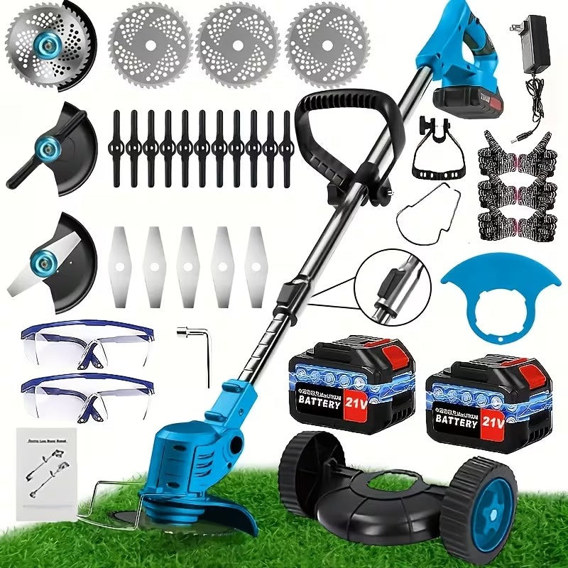 Cordless Electric Weed Wacker Portable Grass Trimmer with 3 Blade Types and 2 High Capacity Batteries Powerful Lawn Mower for Garden Yard Lawn Maintenance with Multiple Accessories