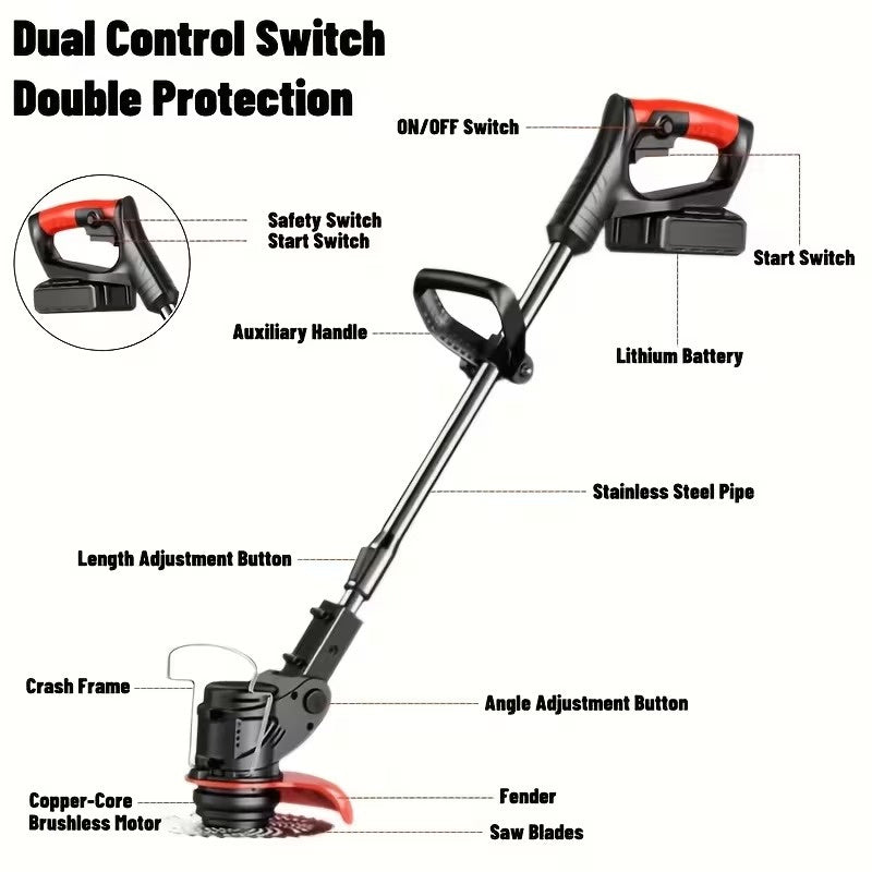 Cordless Electric Weed Wacker Portable Grass Trimmer with 3 Blade Types and 2 High Capacity Batteries Powerful Lawn Mower for Garden Yard Lawn Maintenance with Multiple Accessories