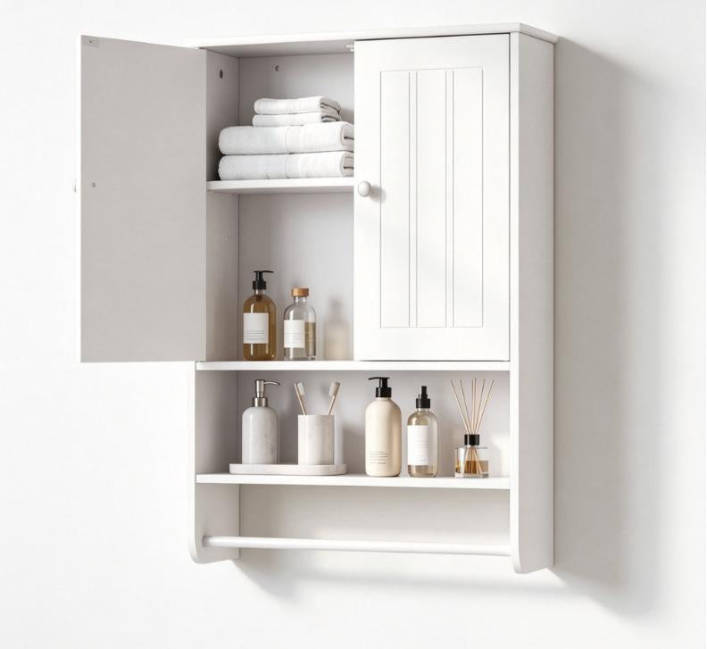 Bathroom Wall Cabinet with Towel Bar Open Shelf Adjustable Shelf Storage Organizer