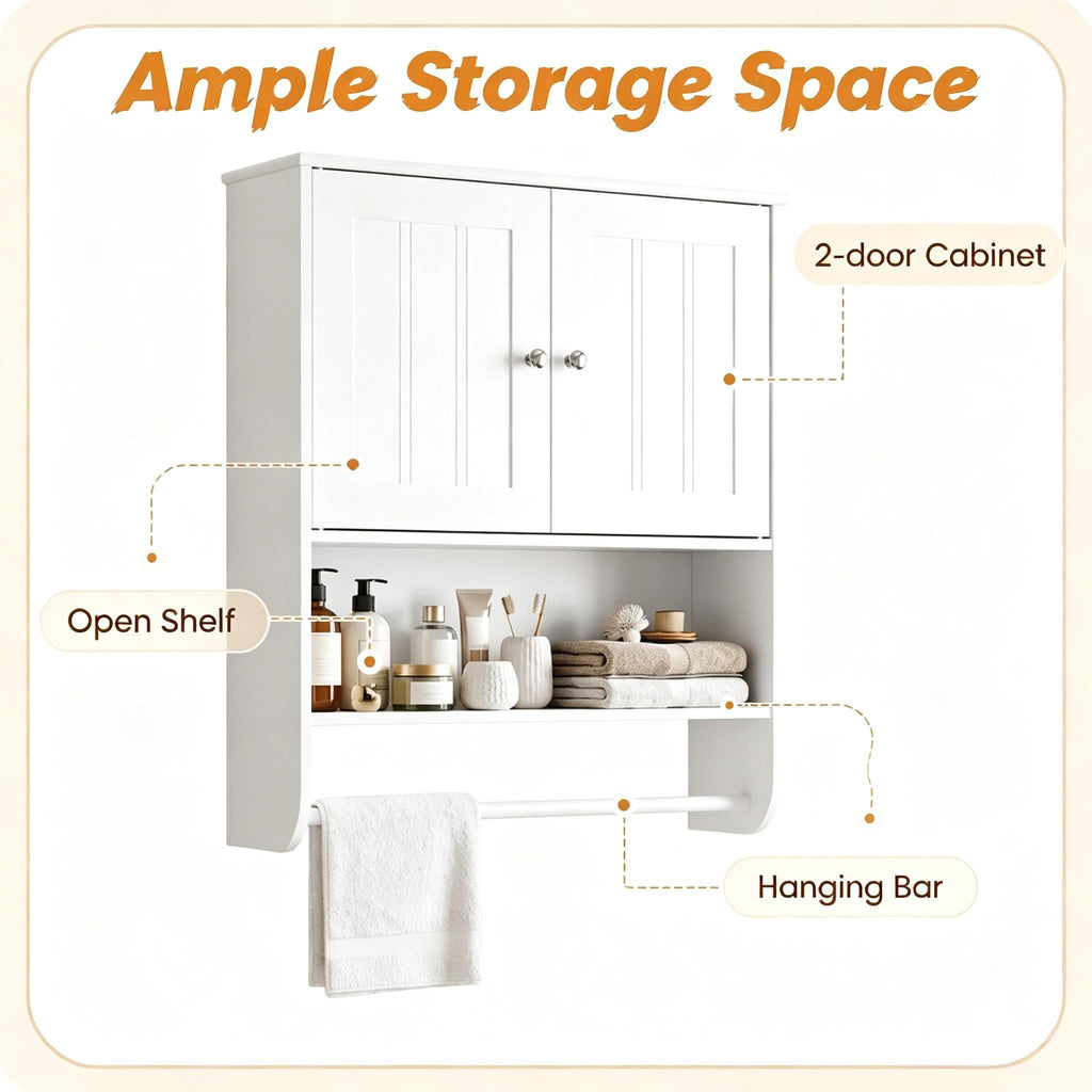 Bathroom Wall Cabinet with Towel Bar Open Shelf Adjustable Shelf Storage Organizer