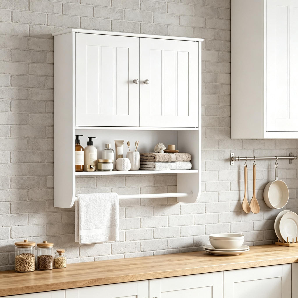 Bathroom Wall Cabinet with Towel Bar Open Shelf Adjustable Shelf Storage Organizer