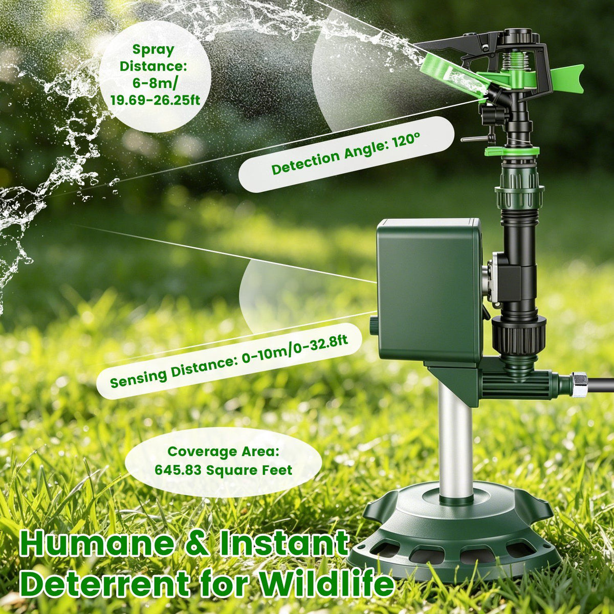 Outdoor Solar Powered Motion Triggered Water Sprinkler, 120 Degree PIR Motion Detector, Adjustable Detection Distance, IP65 Waterproof for Garden & Lawn