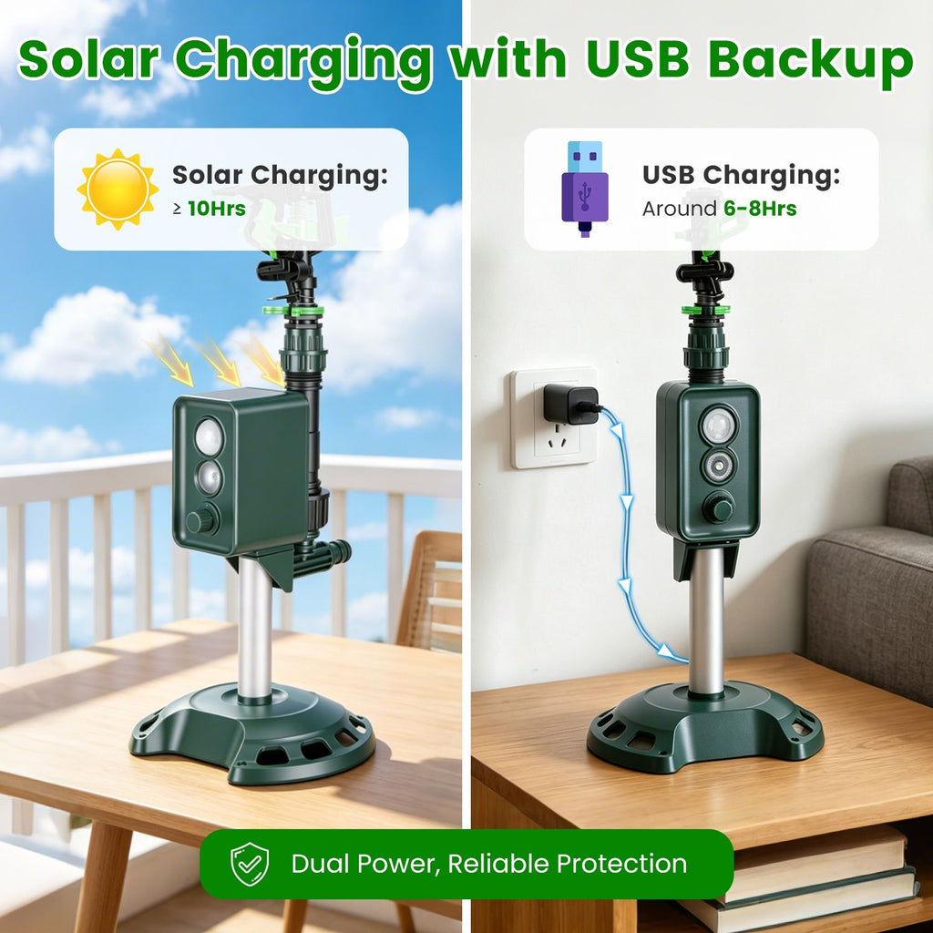 Outdoor Solar Powered Motion Triggered Water Sprinkler, 120 Degree PIR Motion Detector, Adjustable Detection Distance, IP65 Waterproof for Garden & Lawn