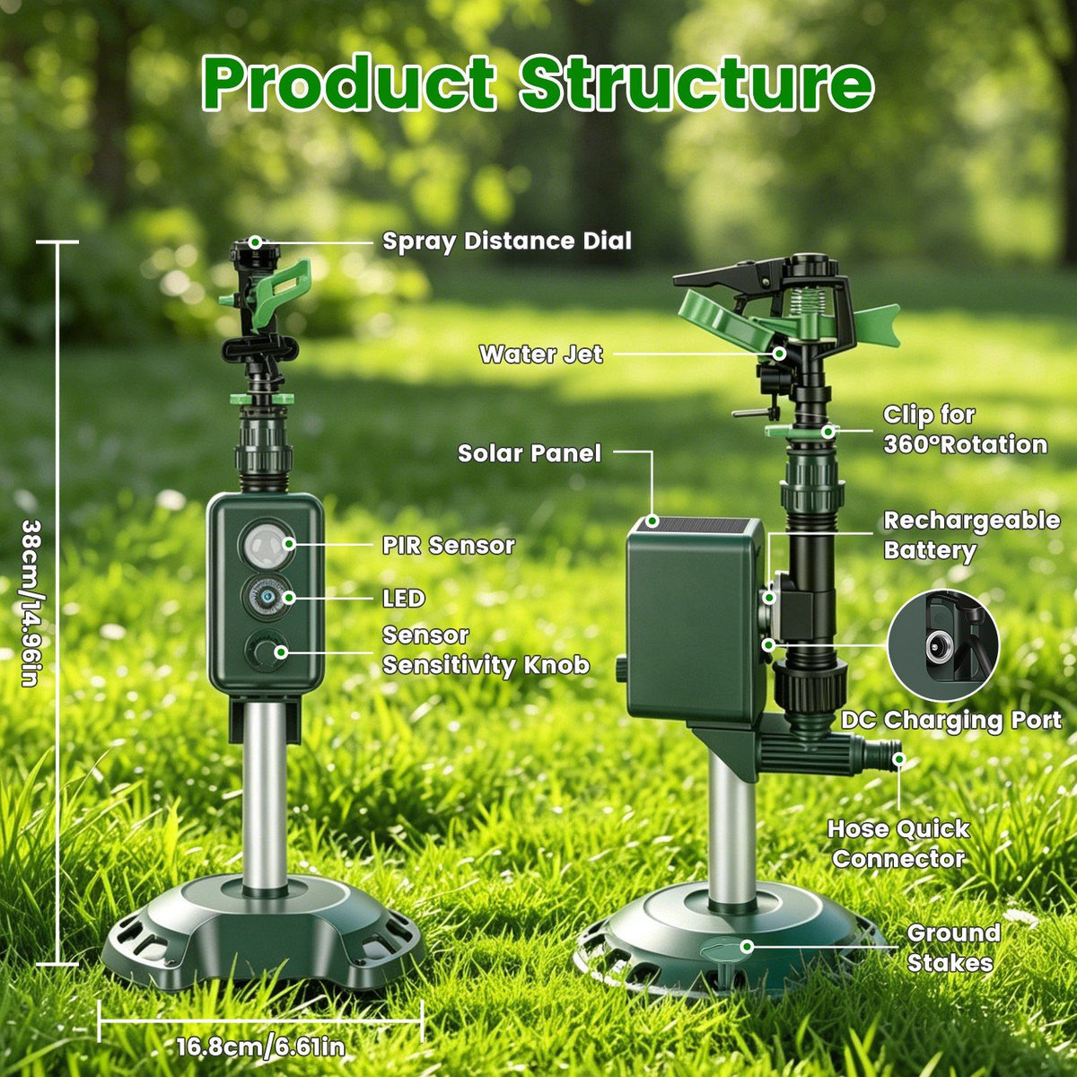 Outdoor Solar Powered Motion Triggered Water Sprinkler, 120 Degree PIR Motion Detector, Adjustable Detection Distance, IP65 Waterproof for Garden & Lawn