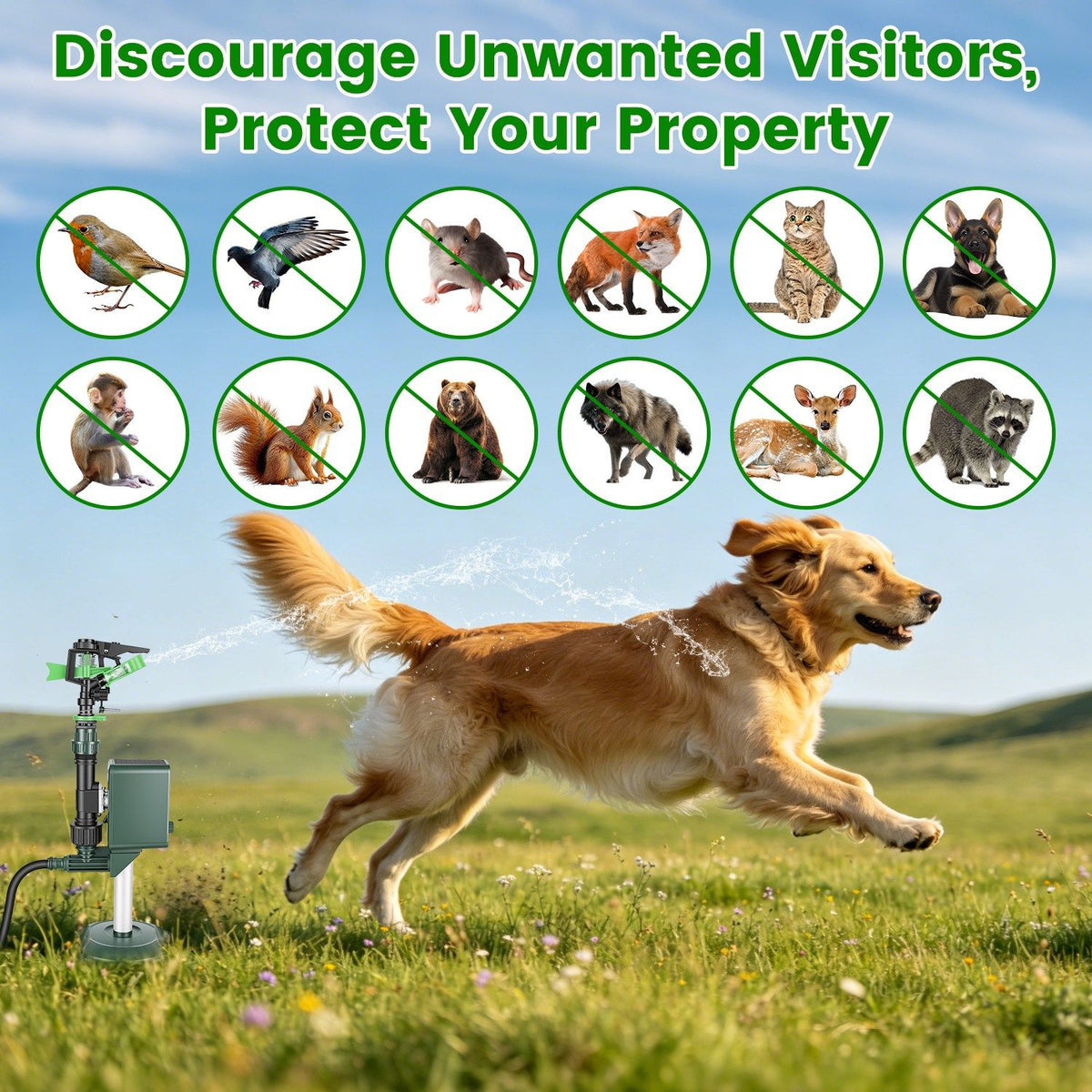 Outdoor Solar Powered Motion Triggered Water Sprinkler, 120 Degree PIR Motion Detector, Adjustable Detection Distance, IP65 Waterproof for Garden & Lawn