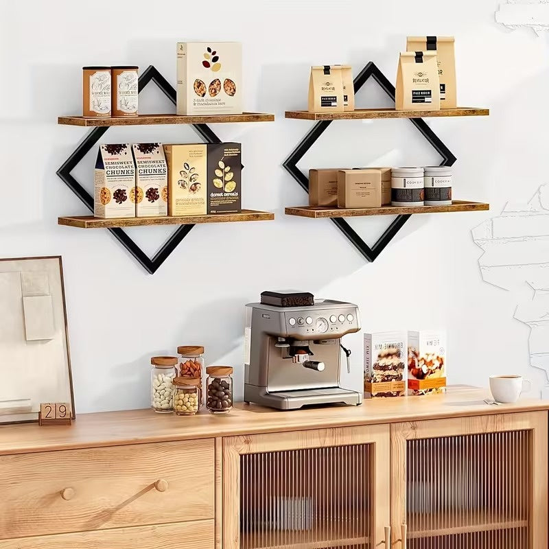2 Pack Geometric Diamond Floating Wall Shelves, Industrial Wood and Metal Wall Mounted Display Racks, Modern Decorative Hanging Shelves for Living Room, Kitchen, Bedroom and Home Decor