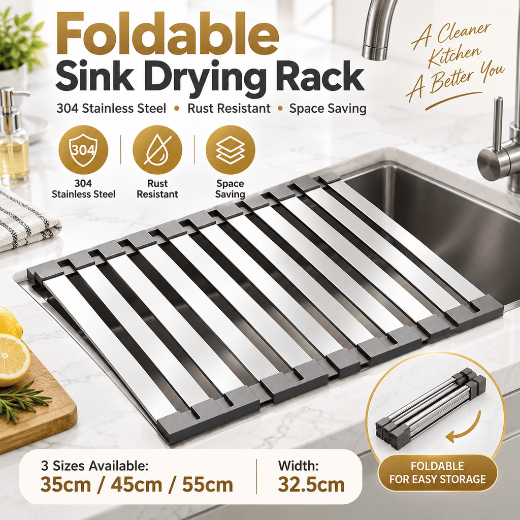 304 Stainless Steel Foldable Over Sink Drying Rack, 12.8 in Wide, 13.8/17.7/21.7 in Length, Roll Up Dish Drainer, Rust Resistant Space Saving Kitchen Rack.