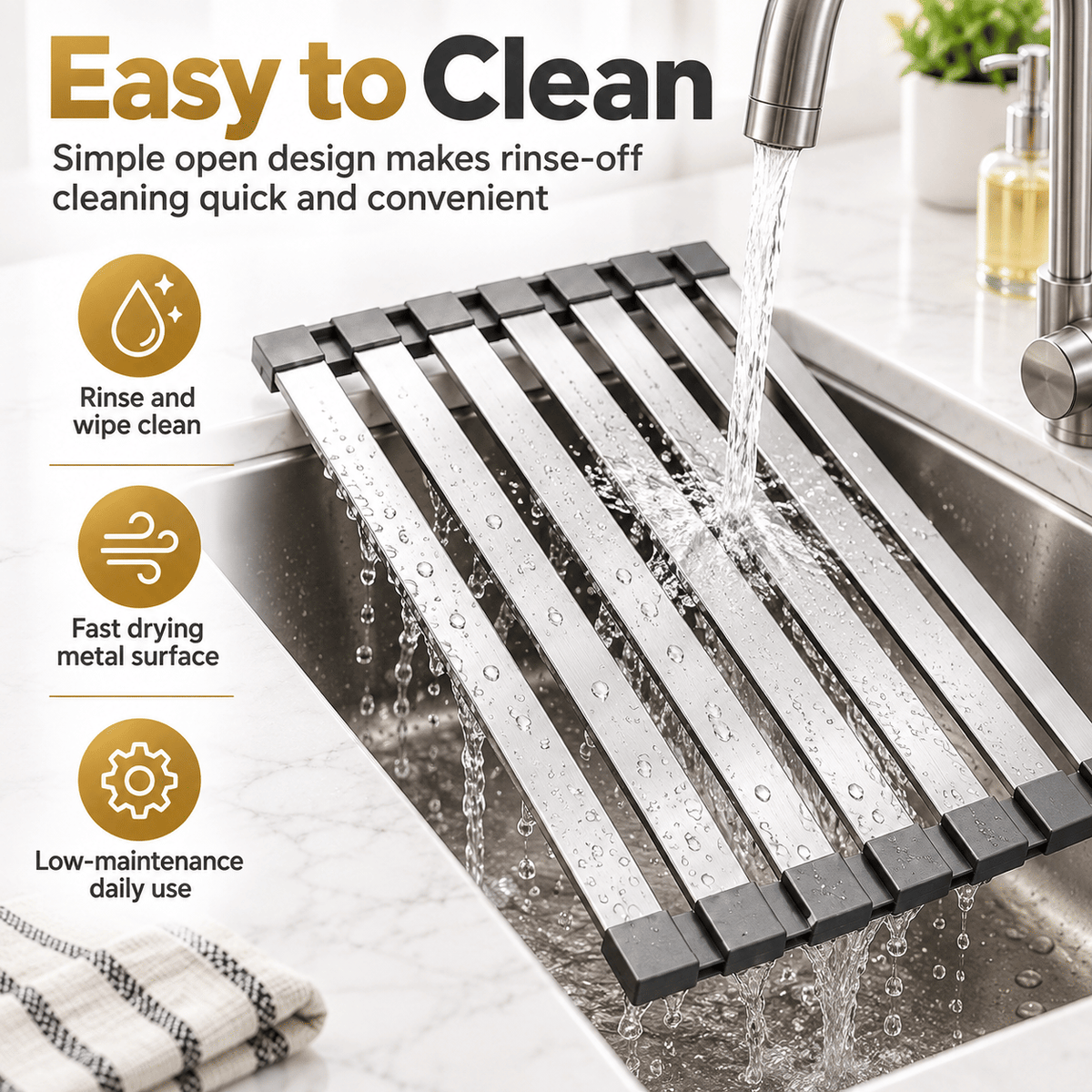 304 Stainless Steel Foldable Over Sink Drying Rack, 12.8 in Wide, 13.8/17.7/21.7 in Length, Roll Up Dish Drainer, Rust Resistant Space Saving Kitchen Rack.