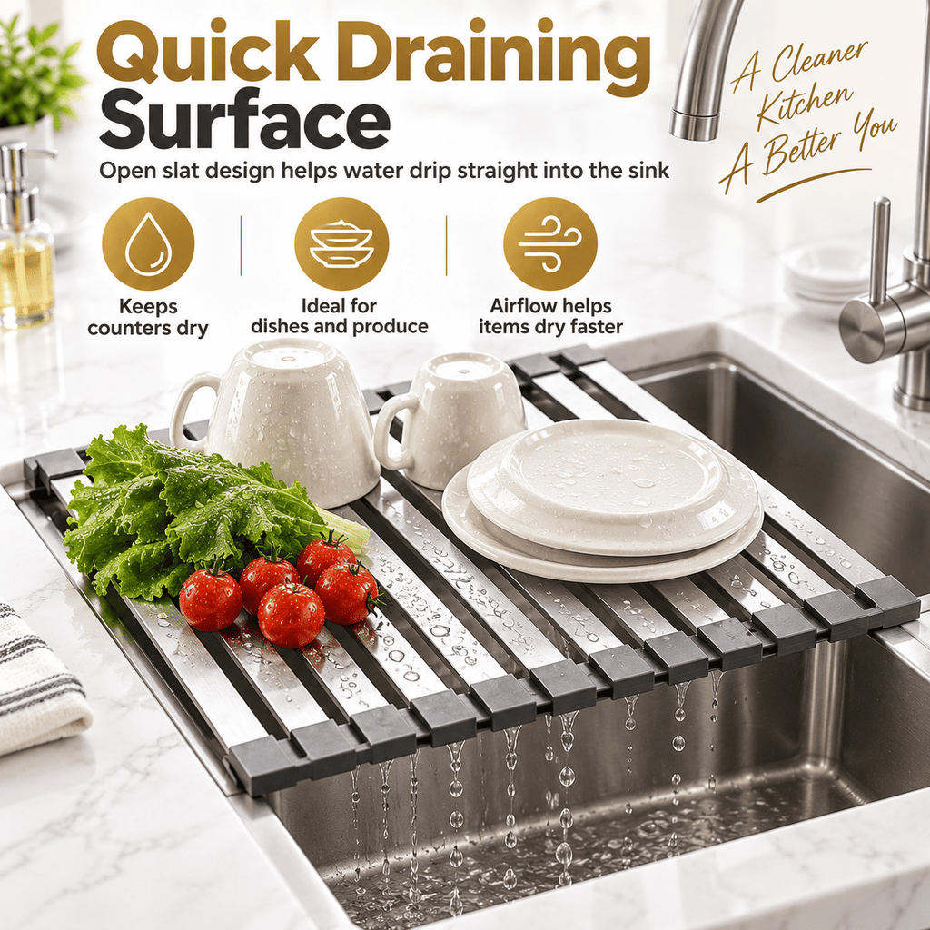 304 Stainless Steel Foldable Over Sink Drying Rack, 12.8 in Wide, 13.8/17.7/21.7 in Length, Roll Up Dish Drainer, Rust Resistant Space Saving Kitchen Rack.