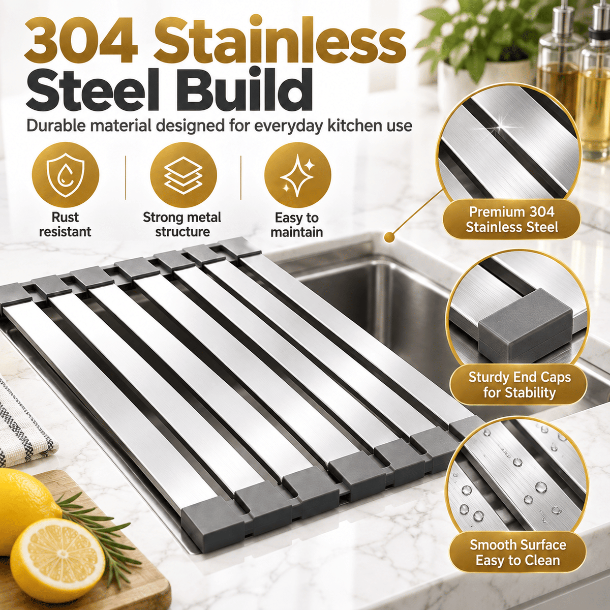 304 Stainless Steel Foldable Over Sink Drying Rack, 12.8 in Wide, 13.8/17.7/21.7 in Length, Roll Up Dish Drainer, Rust Resistant Space Saving Kitchen Rack.