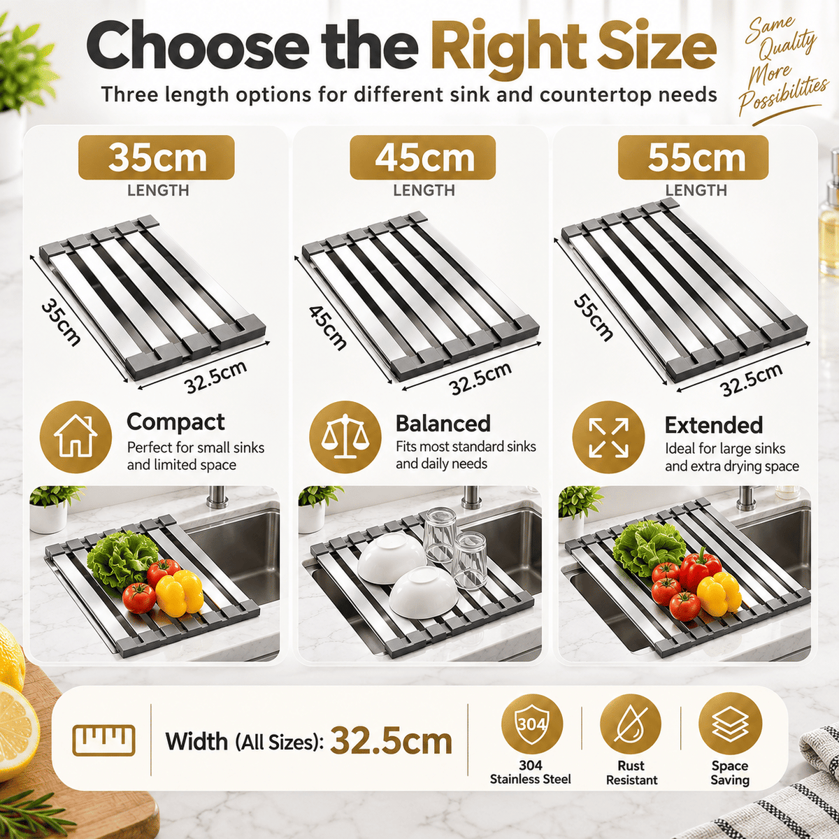 304 Stainless Steel Foldable Over Sink Drying Rack, 12.8 in Wide, 13.8/17.7/21.7 in Length, Roll Up Dish Drainer, Rust Resistant Space Saving Kitchen Rack.