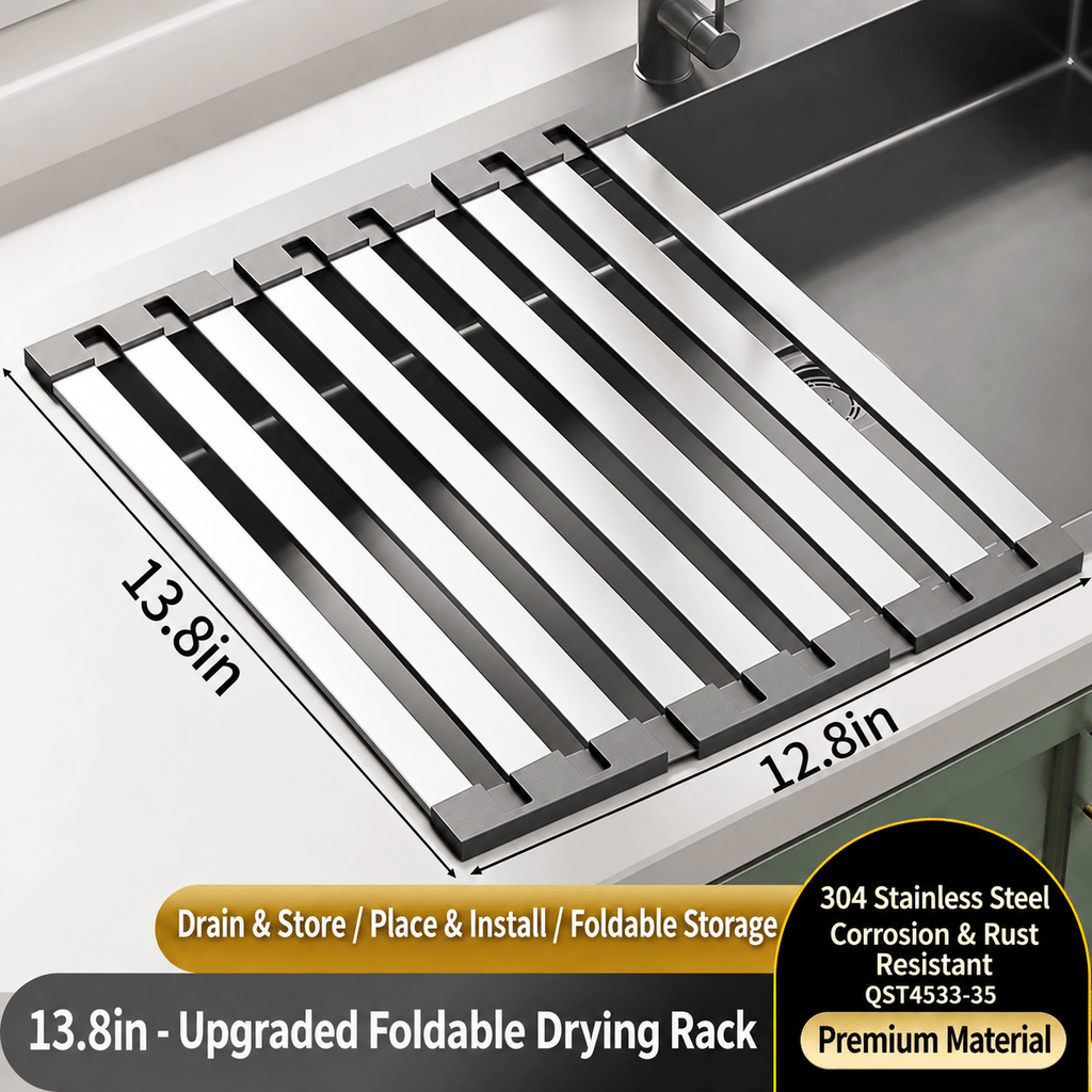 304 Stainless Steel Foldable Over Sink Drying Rack, 12.8 in Wide, 13.8/17.7/21.7 in Length, Roll Up Dish Drainer, Rust Resistant Space Saving Kitchen Rack.