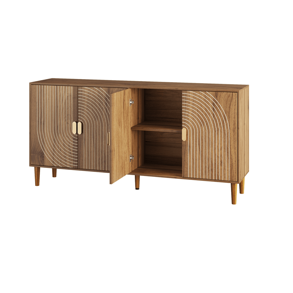 62.6-Inch Walnut Sideboard with Storage, 4-Door Credenza Featuring Vertical Grooved Detailing, Multifunctional Accent Cabinet Suitable for Dining Room, Living Room, Entryway, and Kitchen