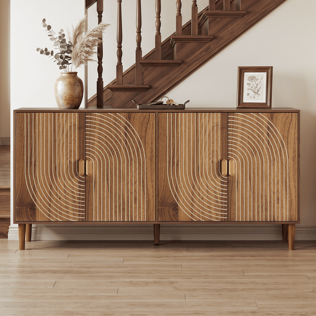 62.6-Inch Walnut Sideboard with Storage, 4-Door Credenza Featuring Vertical Grooved Detailing, Multifunctional Accent Cabinet Suitable for Dining Room, Living Room, Entryway, and Kitchen