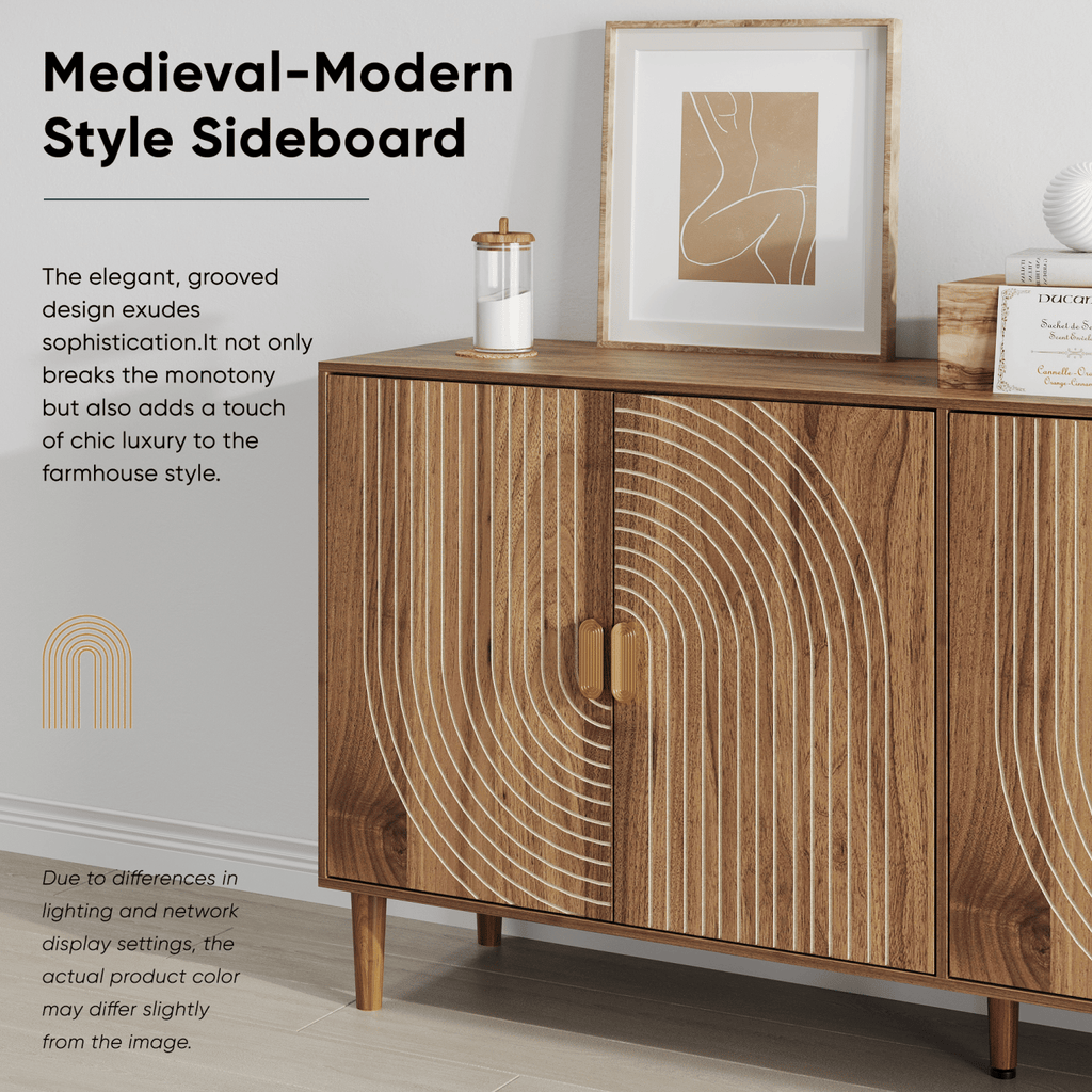 62.6-Inch Walnut Sideboard with Storage, 4-Door Credenza Featuring Vertical Grooved Detailing, Multifunctional Accent Cabinet Suitable for Dining Room, Living Room, Entryway, and Kitchen