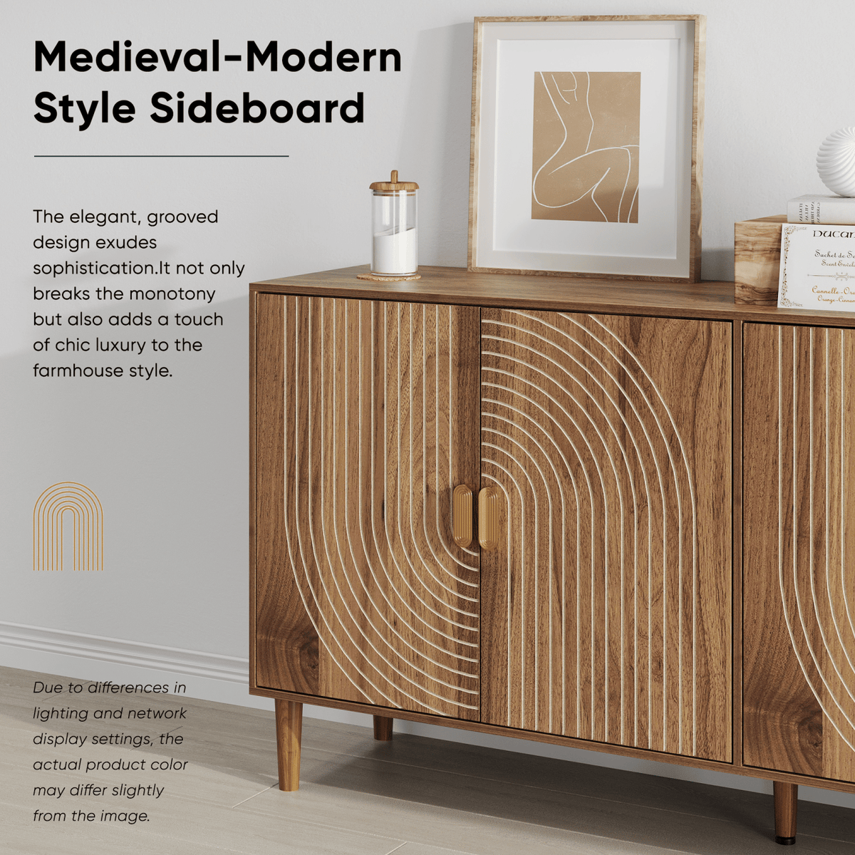 62.6-Inch Walnut Sideboard with Storage, 4-Door Credenza Featuring Vertical Grooved Detailing, Multifunctional Accent Cabinet Suitable for Dining Room, Living Room, Entryway, and Kitchen