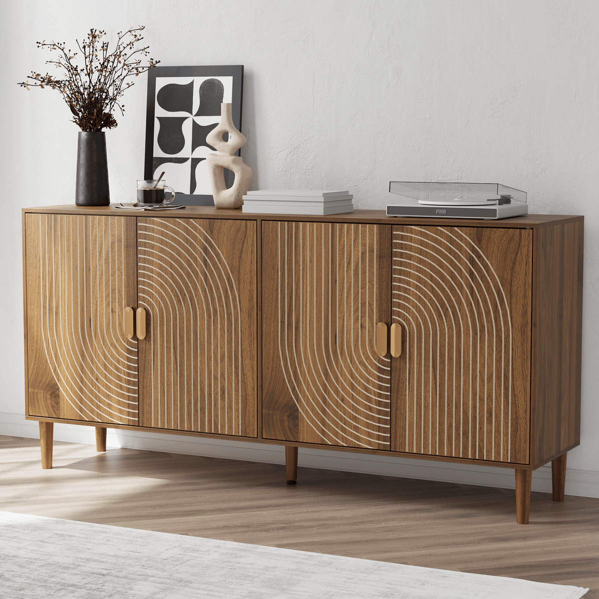 62.6-Inch Walnut Sideboard with Storage, 4-Door Credenza Featuring Vertical Grooved Detailing, Multifunctional Accent Cabinet Suitable for Dining Room, Living Room, Entryway, and Kitchen