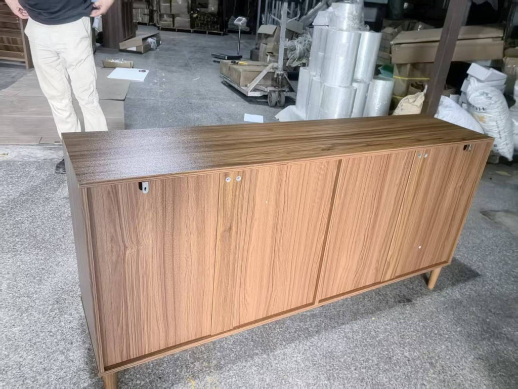 62.6-Inch Walnut Sideboard with Storage, 4-Door Credenza Featuring Vertical Grooved Detailing, Multifunctional Accent Cabinet Suitable for Dining Room, Living Room, Entryway, and Kitchen