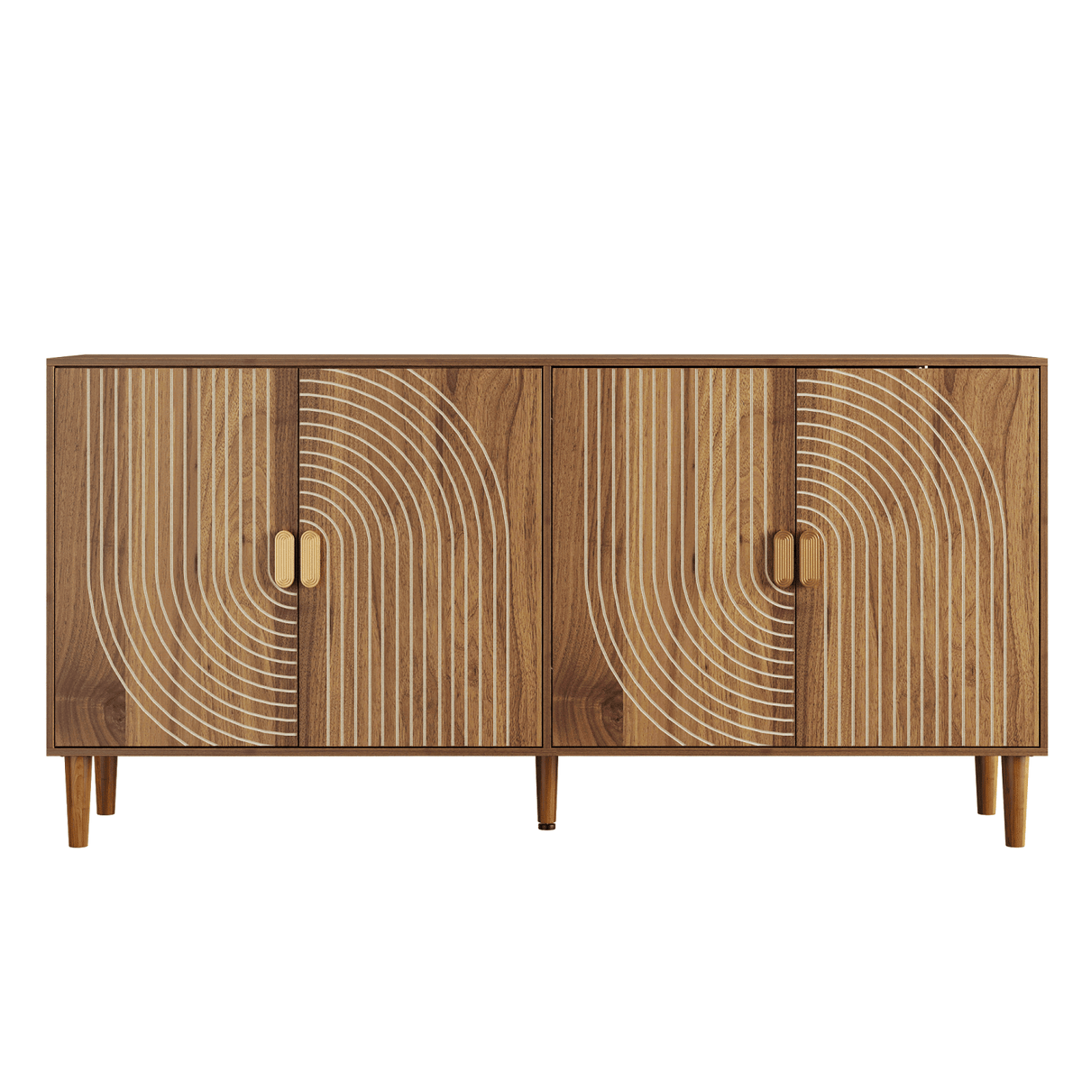 62.6-Inch Walnut Sideboard with Storage, 4-Door Credenza Featuring Vertical Grooved Detailing, Multifunctional Accent Cabinet Suitable for Dining Room, Living Room, Entryway, and Kitchen