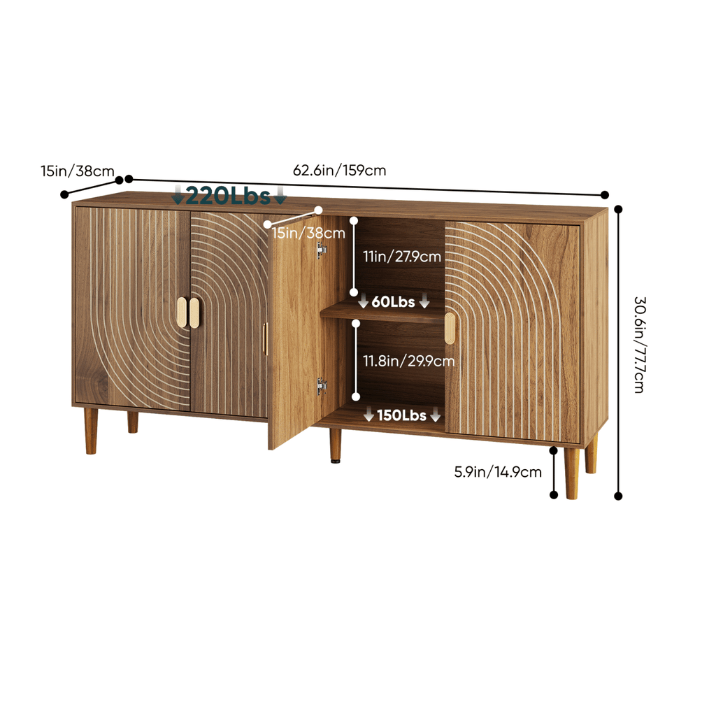 62.6-Inch Walnut Sideboard with Storage, 4-Door Credenza Featuring Vertical Grooved Detailing, Multifunctional Accent Cabinet Suitable for Dining Room, Living Room, Entryway, and Kitchen