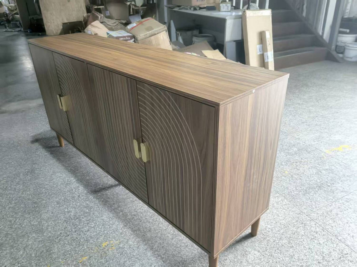 62.6-Inch Walnut Sideboard with Storage, 4-Door Credenza Featuring Vertical Grooved Detailing, Multifunctional Accent Cabinet Suitable for Dining Room, Living Room, Entryway, and Kitchen