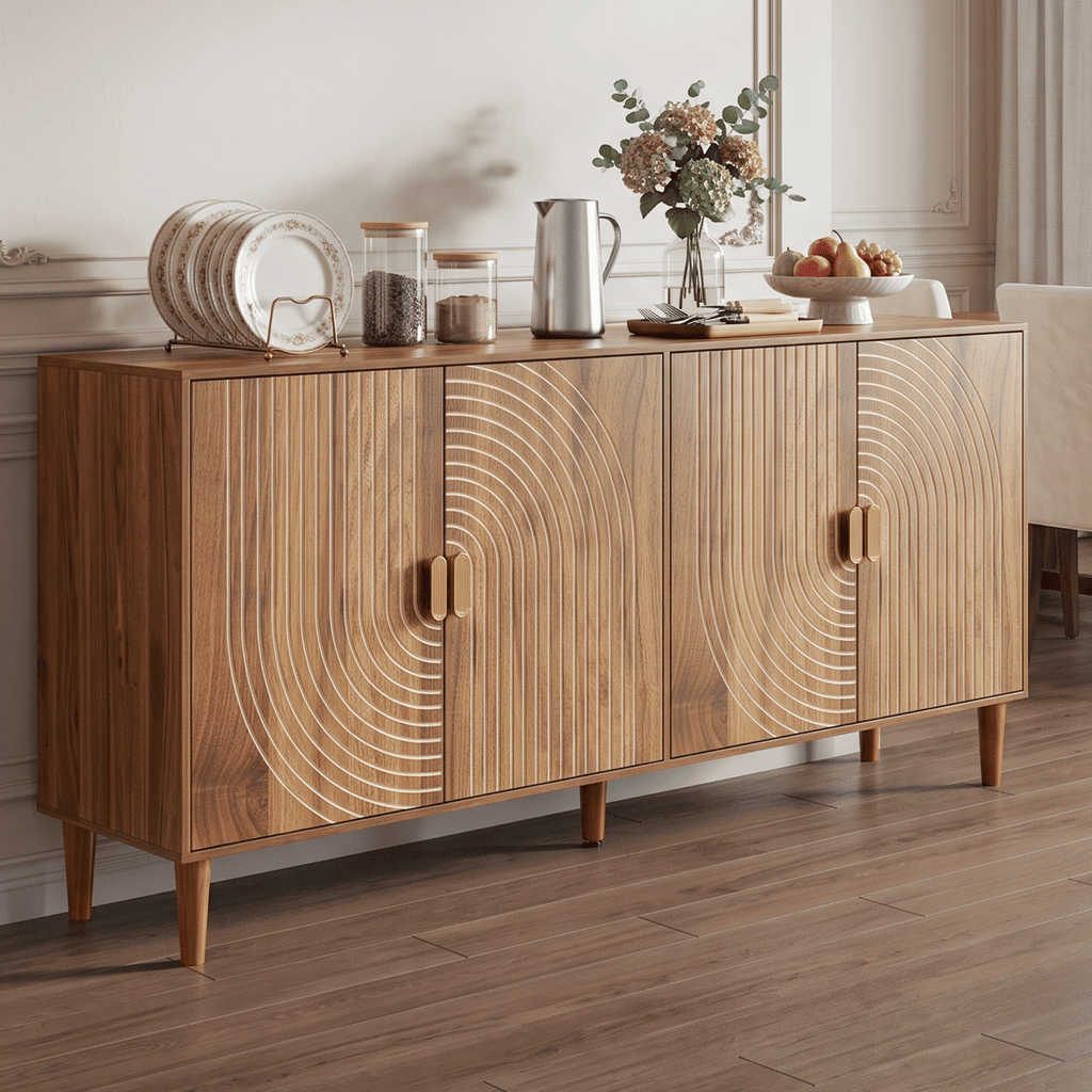 62.6-Inch Walnut Sideboard with Storage, 4-Door Credenza Featuring Vertical Grooved Detailing, Multifunctional Accent Cabinet Suitable for Dining Room, Living Room, Entryway, and Kitchen