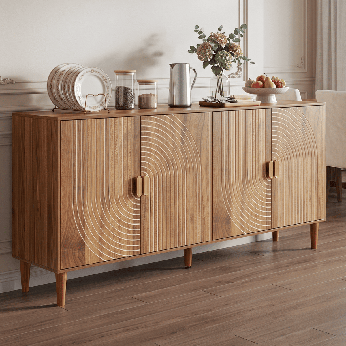 62.6-Inch Walnut Sideboard with Storage, 4-Door Credenza Featuring Vertical Grooved Detailing, Multifunctional Accent Cabinet Suitable for Dining Room, Living Room, Entryway, and Kitchen