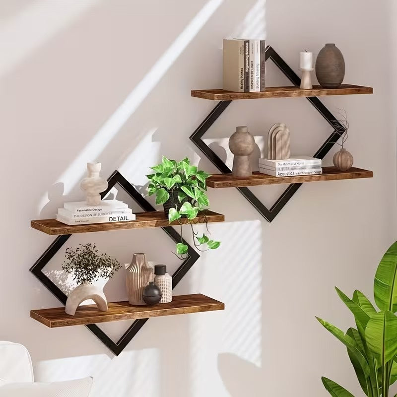 2 Pack Geometric Diamond Floating Wall Shelves, Industrial Wood and Metal Wall Mounted Display Racks, Modern Decorative Hanging Shelves for Living Room, Kitchen, Bedroom and Home Decor