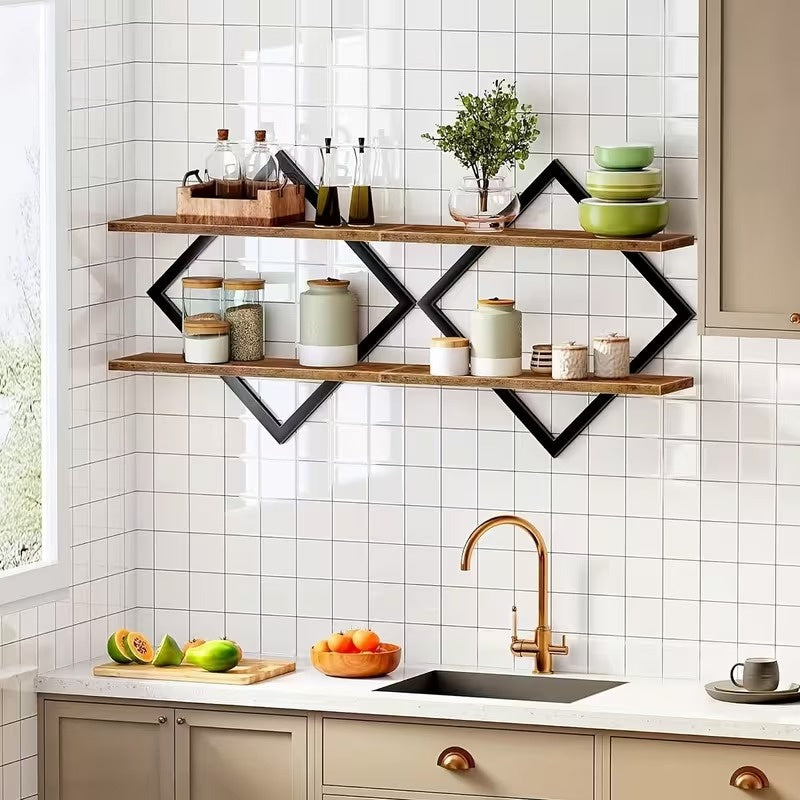 2 Pack Geometric Diamond Floating Wall Shelves, Industrial Wood and Metal Wall Mounted Display Racks, Modern Decorative Hanging Shelves for Living Room, Kitchen, Bedroom and Home Decor