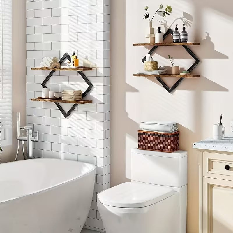 2 Pack Geometric Diamond Floating Wall Shelves, Industrial Wood and Metal Wall Mounted Display Racks, Modern Decorative Hanging Shelves for Living Room, Kitchen, Bedroom and Home Decor