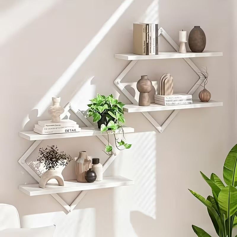 2 Pack Geometric Diamond Floating Wall Shelves, Industrial Wood and Metal Wall Mounted Display Racks, Modern Decorative Hanging Shelves for Living Room, Kitchen, Bedroom and Home Decor