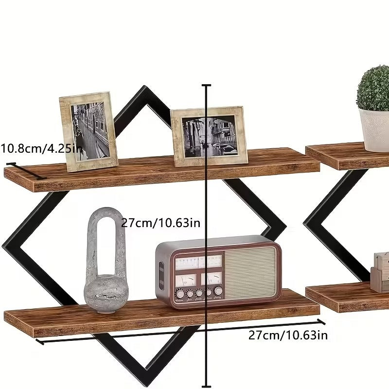2 Pack Geometric Diamond Floating Wall Shelves, Industrial Wood and Metal Wall Mounted Display Racks, Modern Decorative Hanging Shelves for Living Room, Kitchen, Bedroom and Home Decor