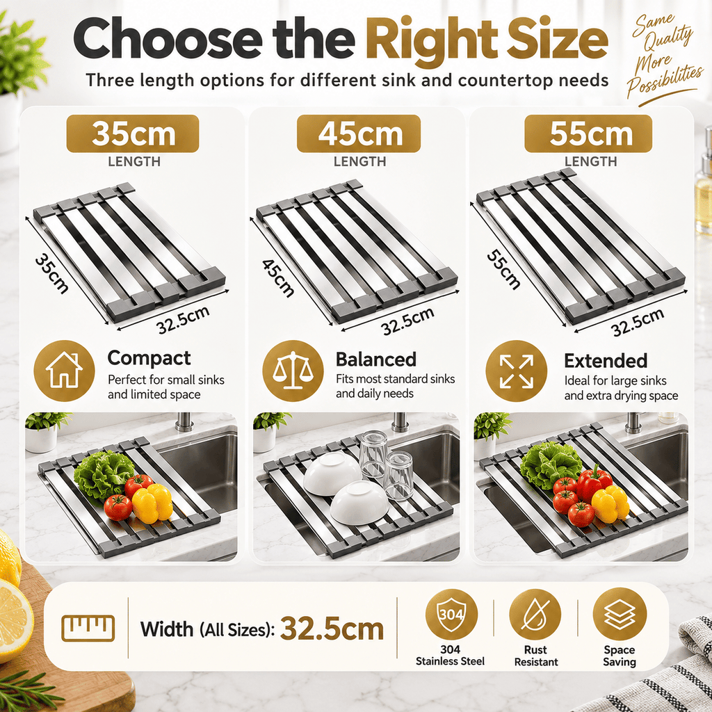 304 Stainless Steel Foldable Over Sink Drying Rack, 12.8 in Wide, 13.8/17.7/21.7 in Length, Roll Up Dish Drainer, Rust Resistant Space Saving Kitchen Rack.