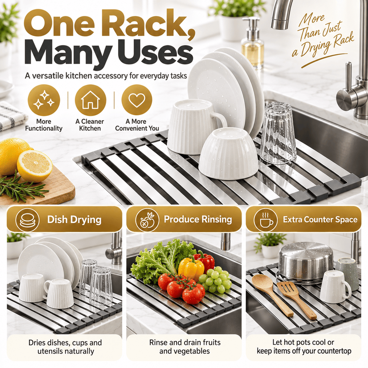 304 Stainless Steel Foldable Over Sink Drying Rack, 12.8 in Wide, 13.8/17.7/21.7 in Length, Roll Up Dish Drainer, Rust Resistant Space Saving Kitchen Rack.