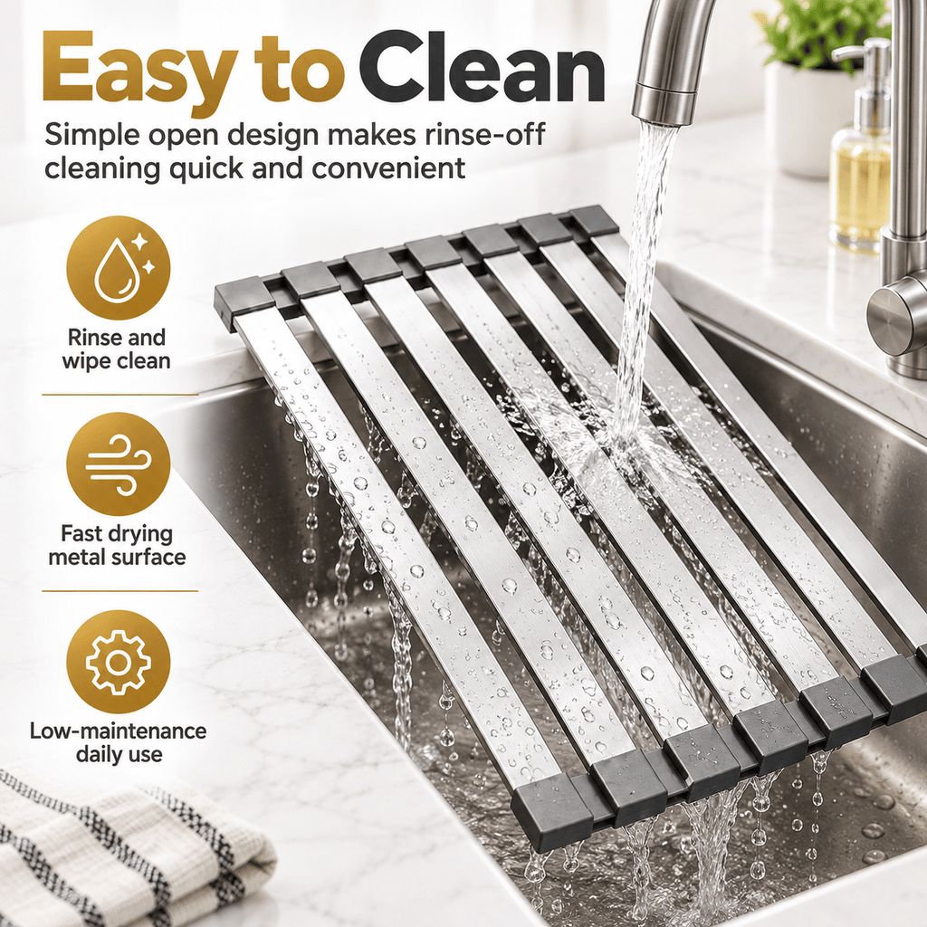 304 Stainless Steel Foldable Over Sink Drying Rack, 12.8 in Wide, 13.8/17.7/21.7 in Length, Roll Up Dish Drainer, Rust Resistant Space Saving Kitchen Rack.