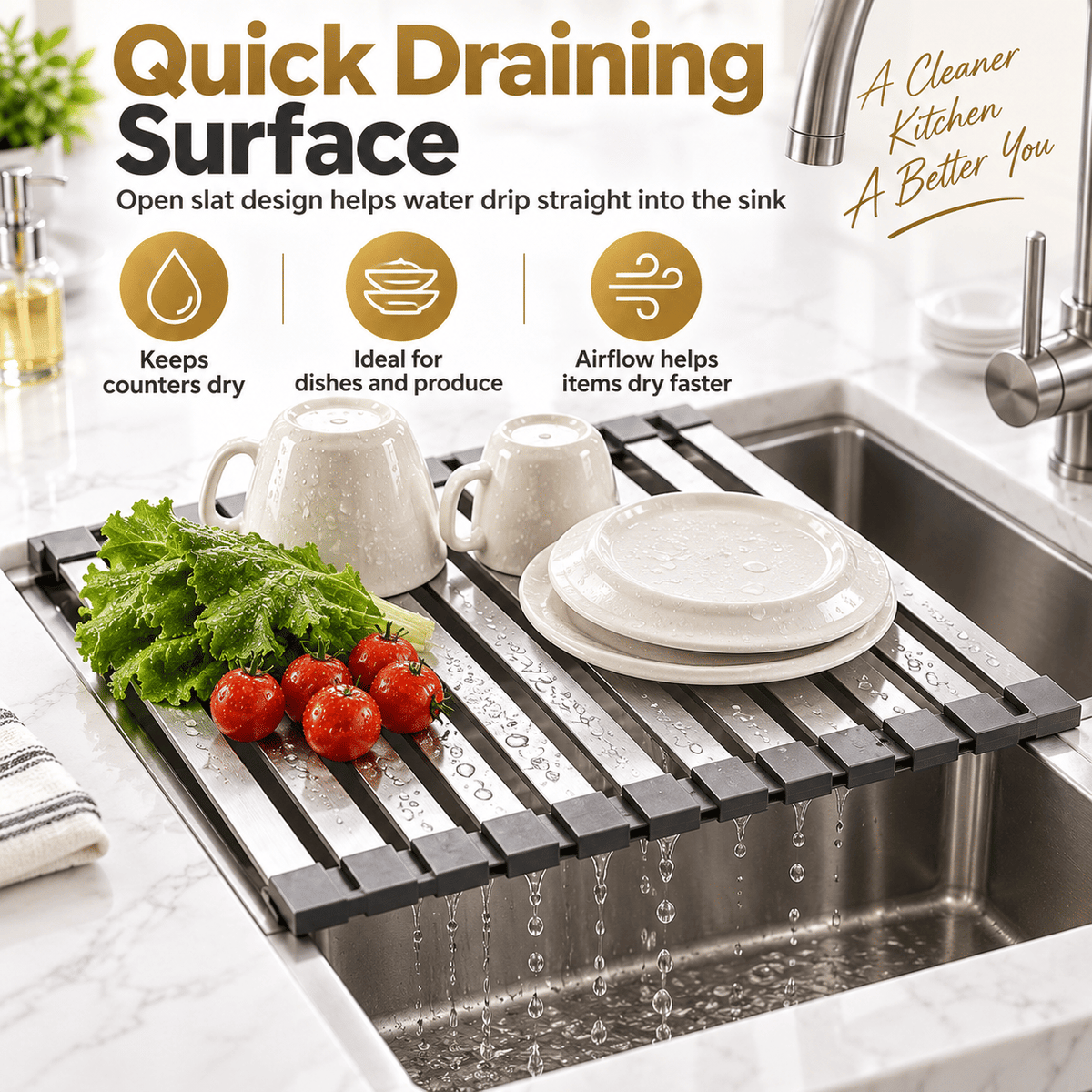 304 Stainless Steel Foldable Over Sink Drying Rack, 12.8 in Wide, 13.8/17.7/21.7 in Length, Roll Up Dish Drainer, Rust Resistant Space Saving Kitchen Rack.