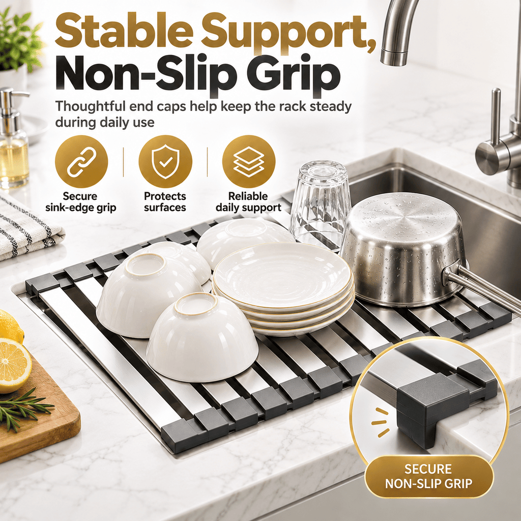 304 Stainless Steel Foldable Over Sink Drying Rack, 12.8 in Wide, 13.8/17.7/21.7 in Length, Roll Up Dish Drainer, Rust Resistant Space Saving Kitchen Rack.