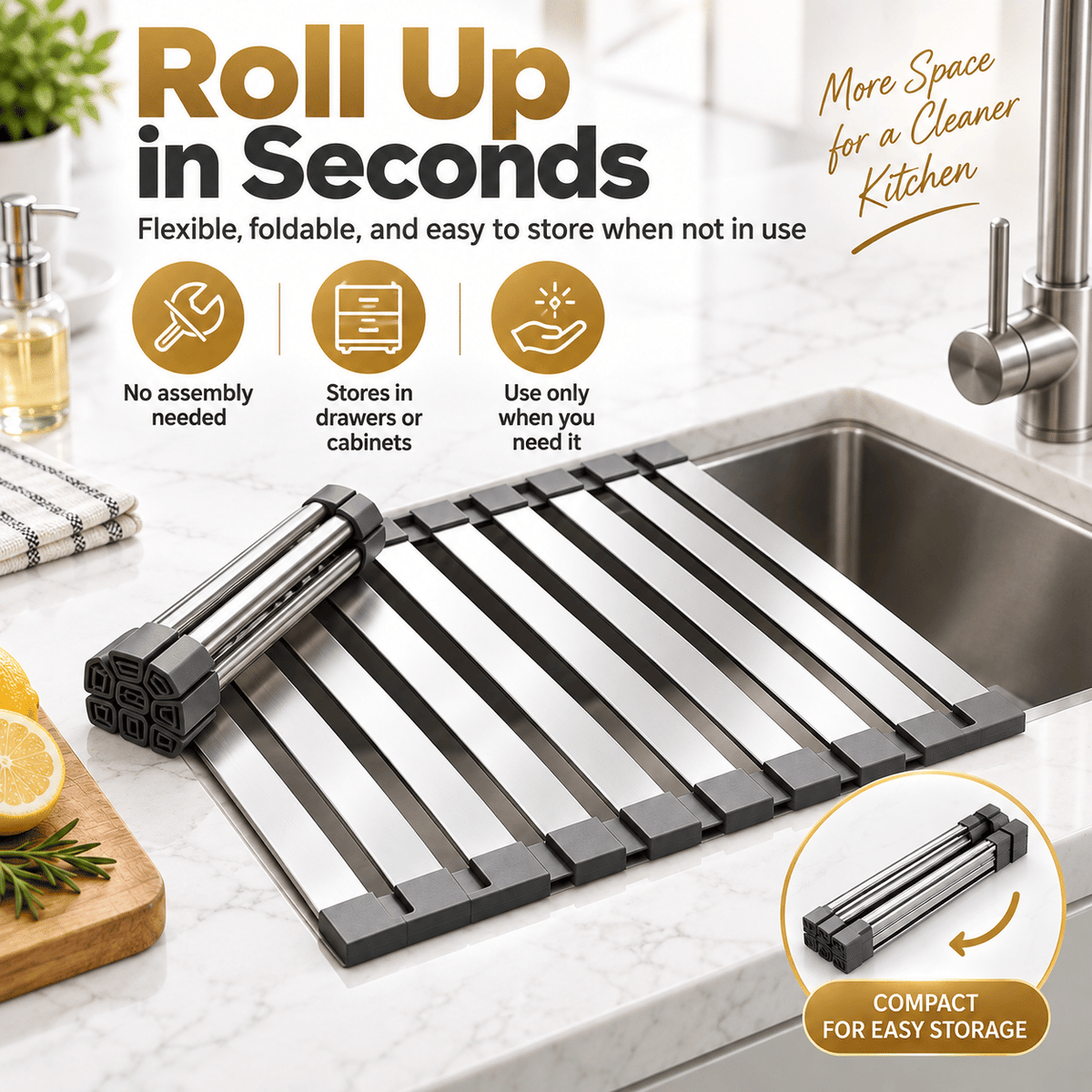 304 Stainless Steel Foldable Over Sink Drying Rack, 12.8 in Wide, 13.8/17.7/21.7 in Length, Roll Up Dish Drainer, Rust Resistant Space Saving Kitchen Rack.