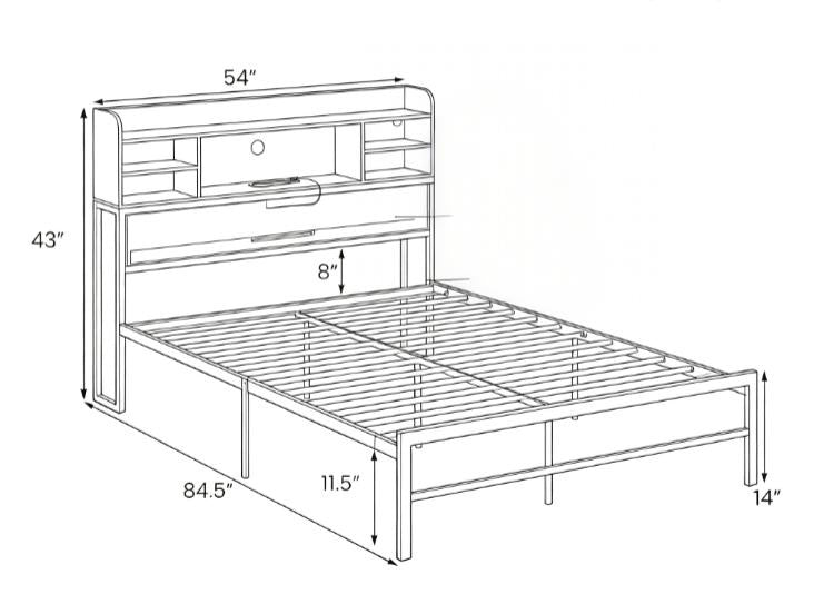 Full Size Bed Frame with LED Lights And Charging Station - Headbord Included
