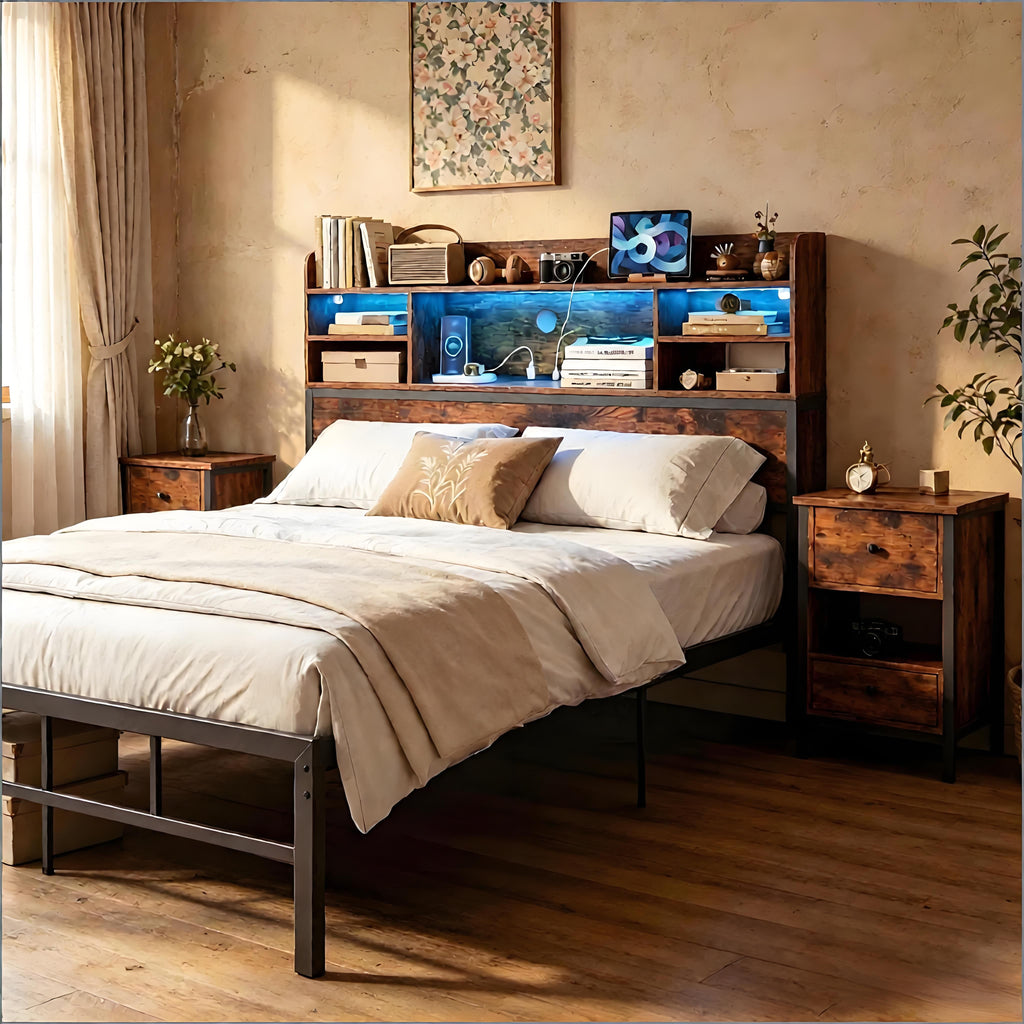 Full Size Bed Frame with LED Lights And Charging Station - Headbord Included