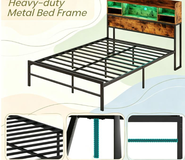 Full Size Bed Frame with LED Lights And Charging Station - Headbord Included